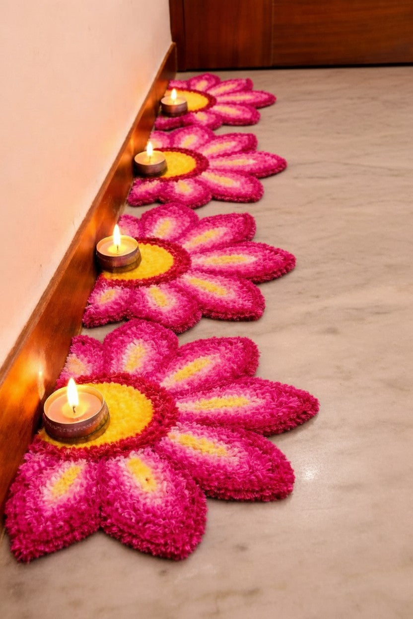 Dark pink sunflower Rangoli Decorative Mat – Festive Floor Décor for Diwali, Weddings & Pooja