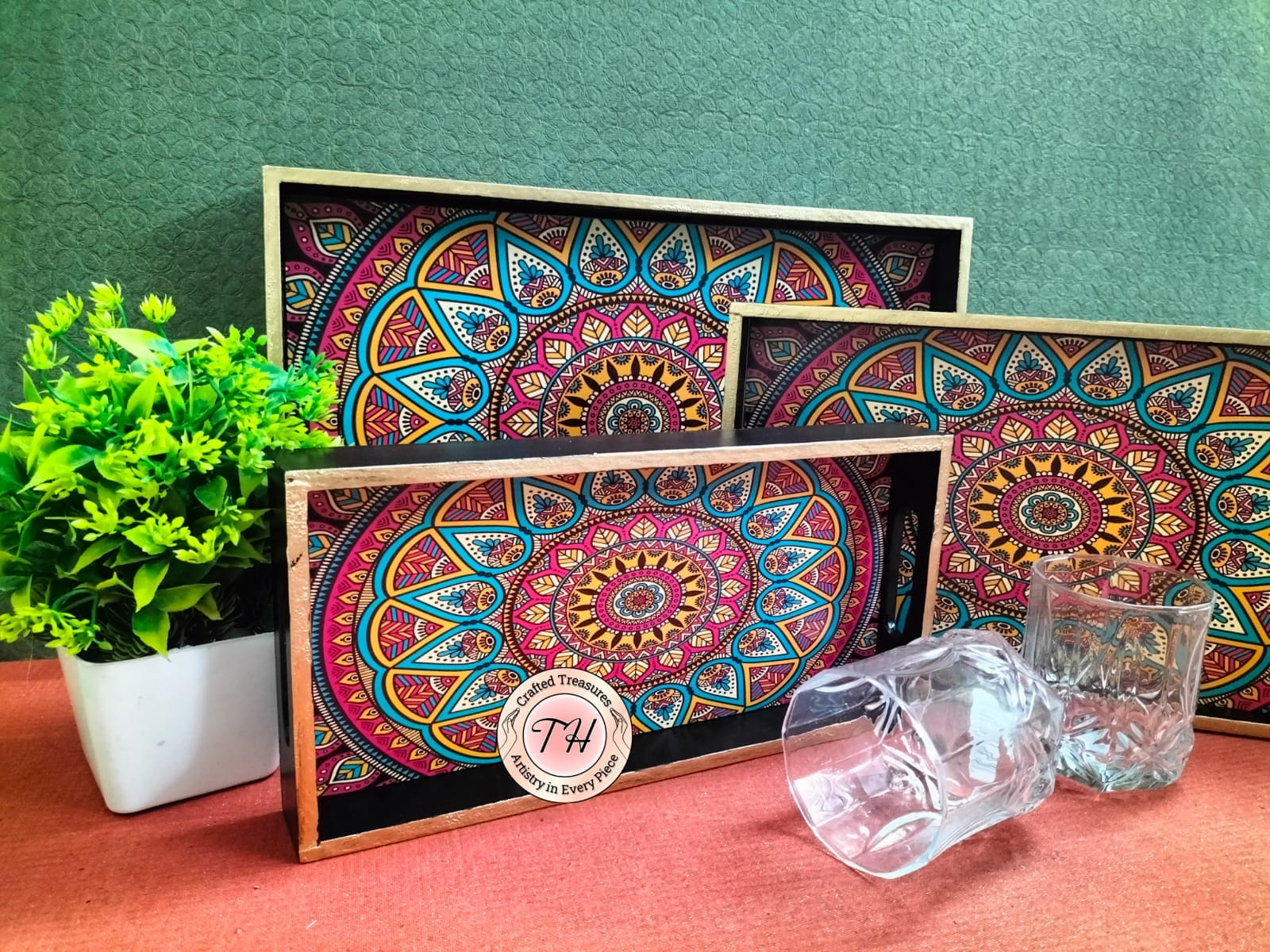 wooden with epoxy print mandala design , set of 3 trays for home/ office/ gift item