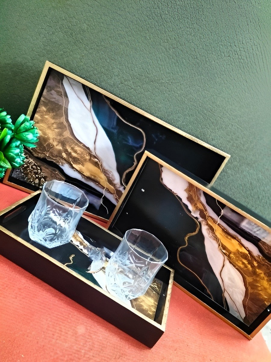 wooden with epoxy print  , set of 3 trays for home/ office/ gift item