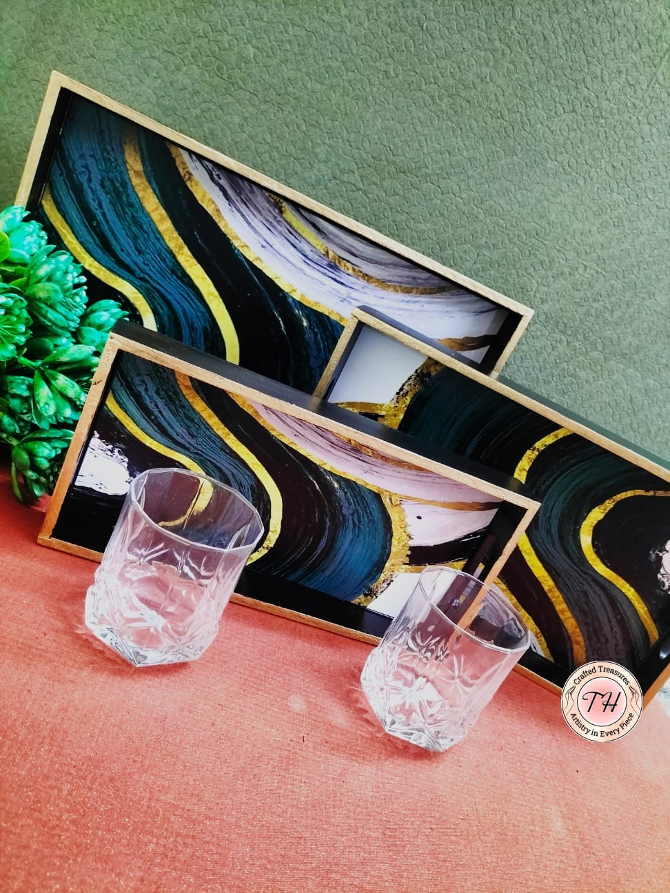 wooden with multicolor epoxy print  , set of 3 trays for home/ office/ gift item