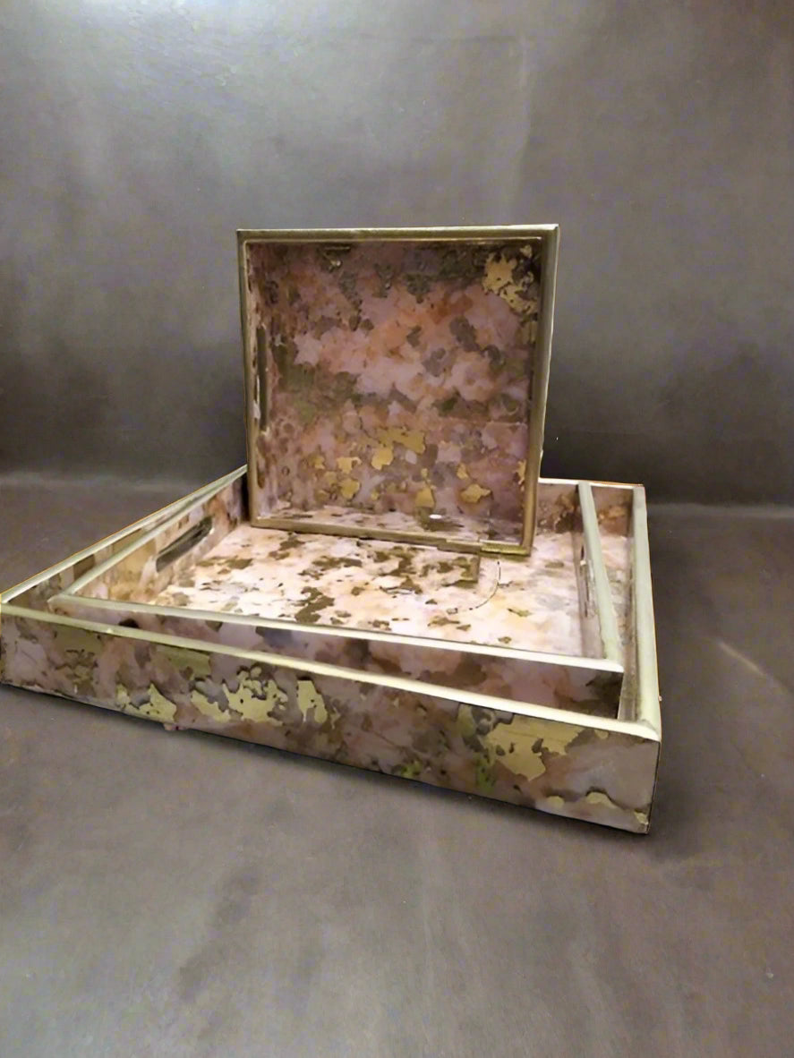 wooden square shape Gold foil print set of 3 trays for home/ office/ gift item