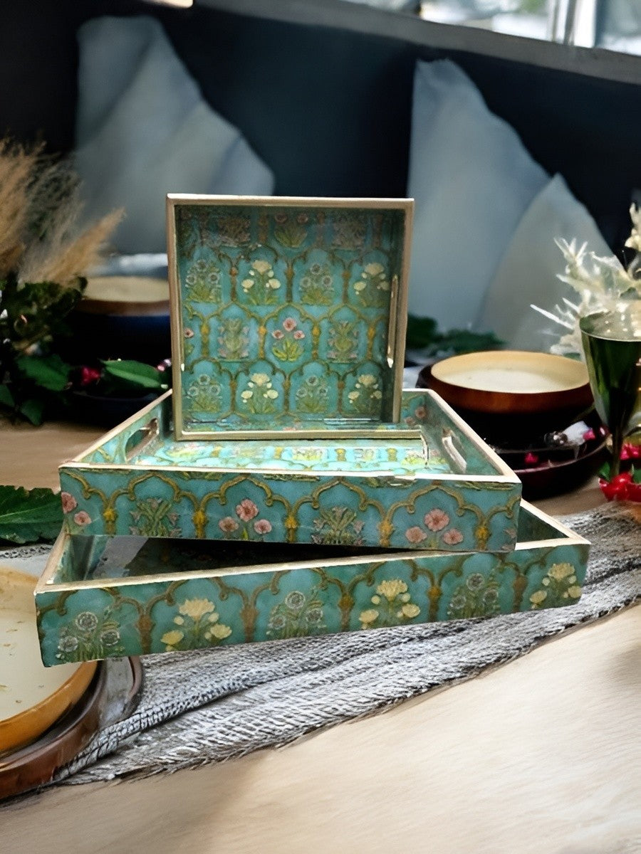 wooden square shape Gold foil print set of 3 trays for home/ office/ gift item, green