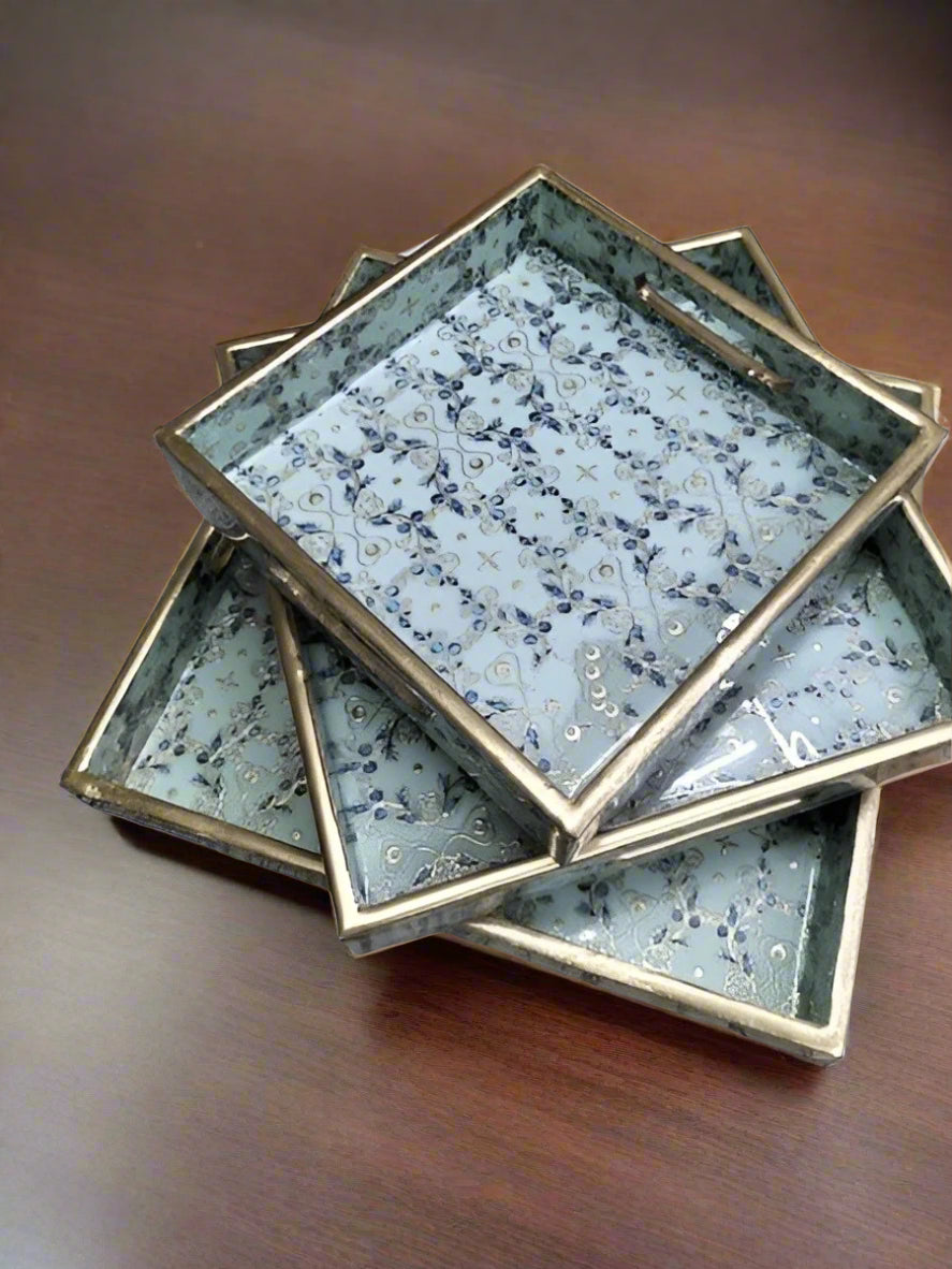 wooden square shape Gold foil print set of 3 trays for home/ office/ gift item/ kitchen