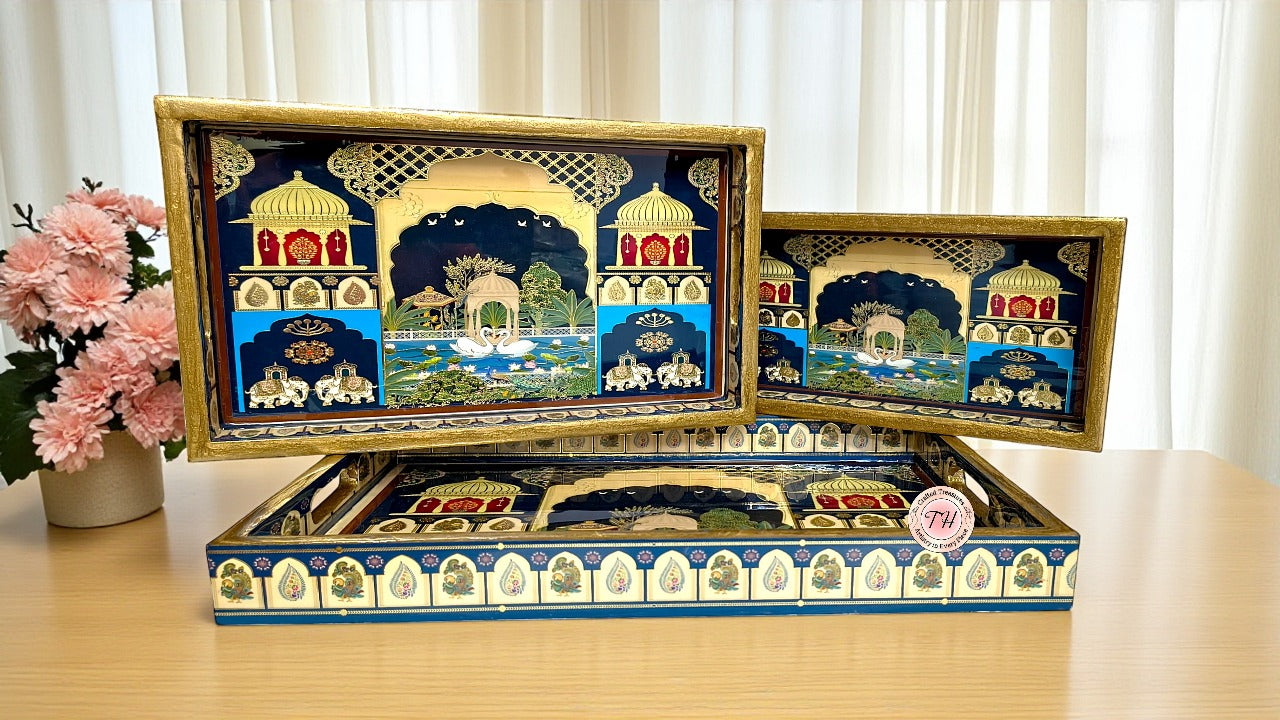 wooden rajasthani design tray , set of 3 trays for home/ office/ gift item