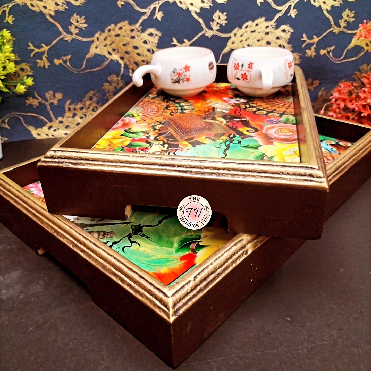 wooden set of 2 serving rectangular colorful tray for home/ office/ gift item