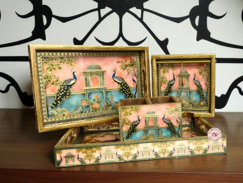 wooden peacock design Set includes resin finish trays, cutlery holder & tissue holder full combo for home/ office/gift item