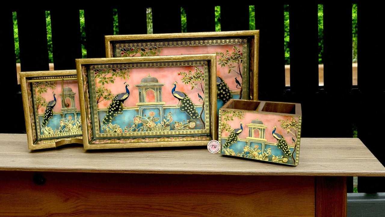 wooden peacock design Set includes resin finish trays, cutlery holder & tissue holder full combo for home/ office/gift item