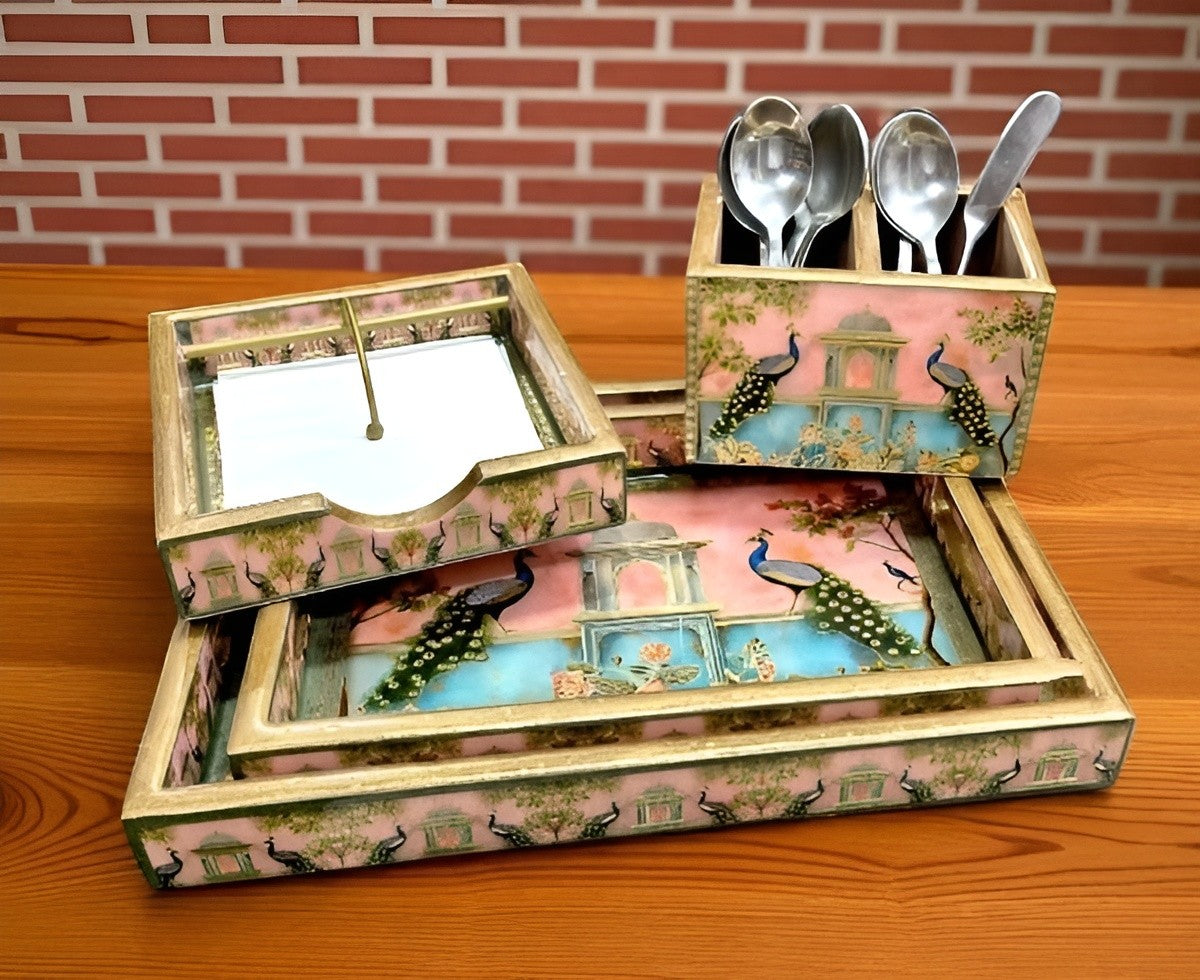wooden peacock design Set includes resin finish trays, cutlery holder & tissue holder full combo for home/ office/gift item