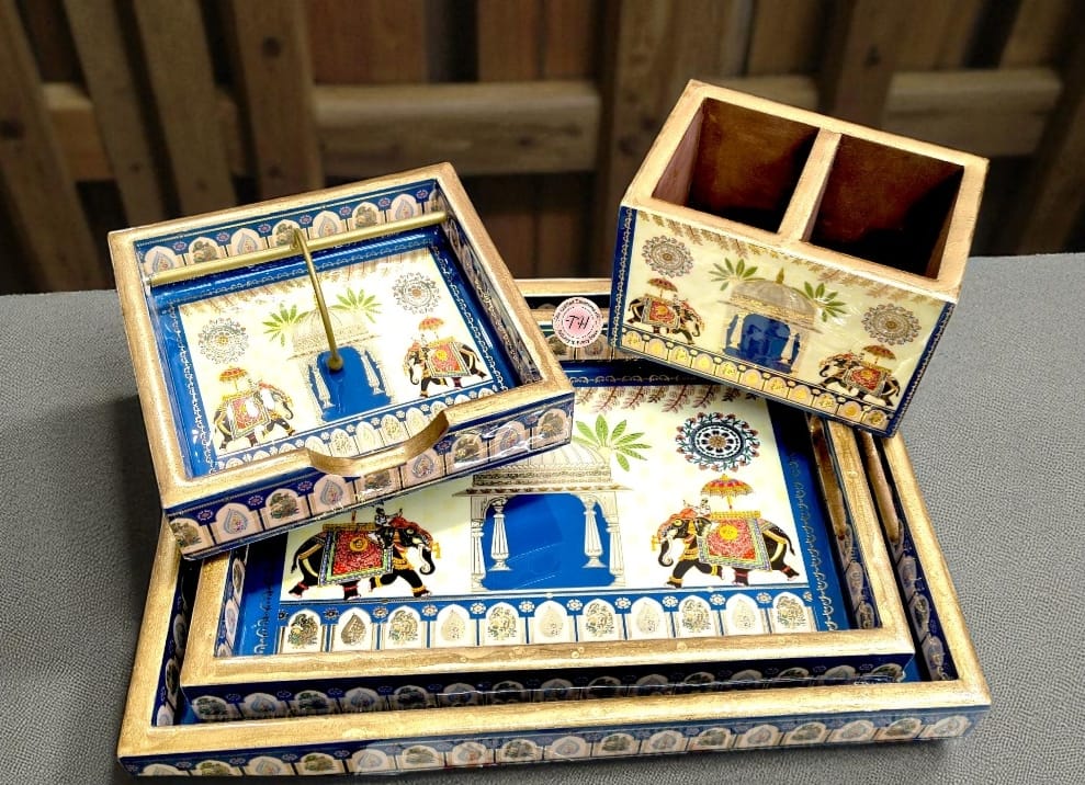 wooden elephant Set includes resin finish trays, cutlery holder & tissue holder full combo for home/ office/gift item