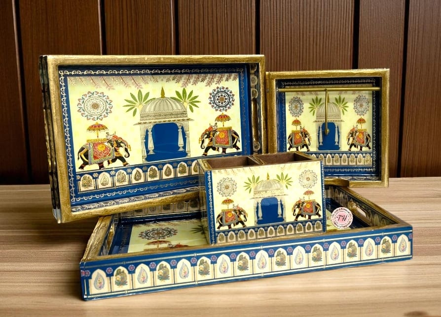 wooden elephant Set includes resin finish trays, cutlery holder & tissue holder full combo for home/ office/gift item