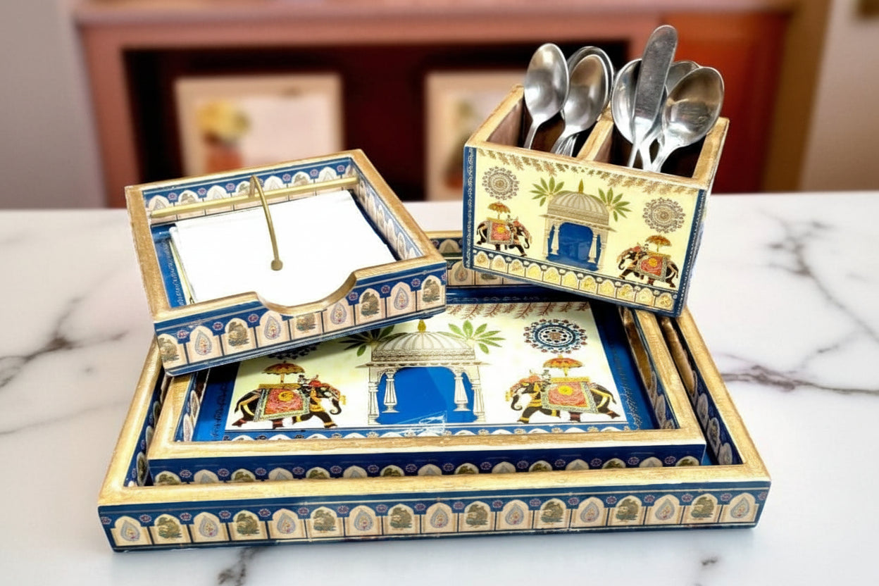 wooden elephant Set includes resin finish trays, cutlery holder & tissue holder full combo for home/ office/gift item