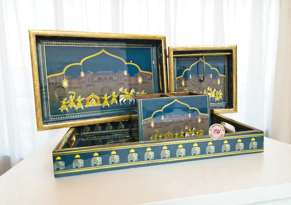 wooden barat Set includes resin finish trays, cutlery holder & tissue holder full combo for home/ office/gift item