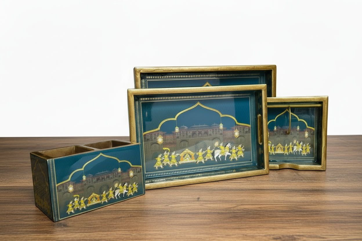 wooden barat Set includes resin finish trays, cutlery holder & tissue holder full combo for home/ office/gift item