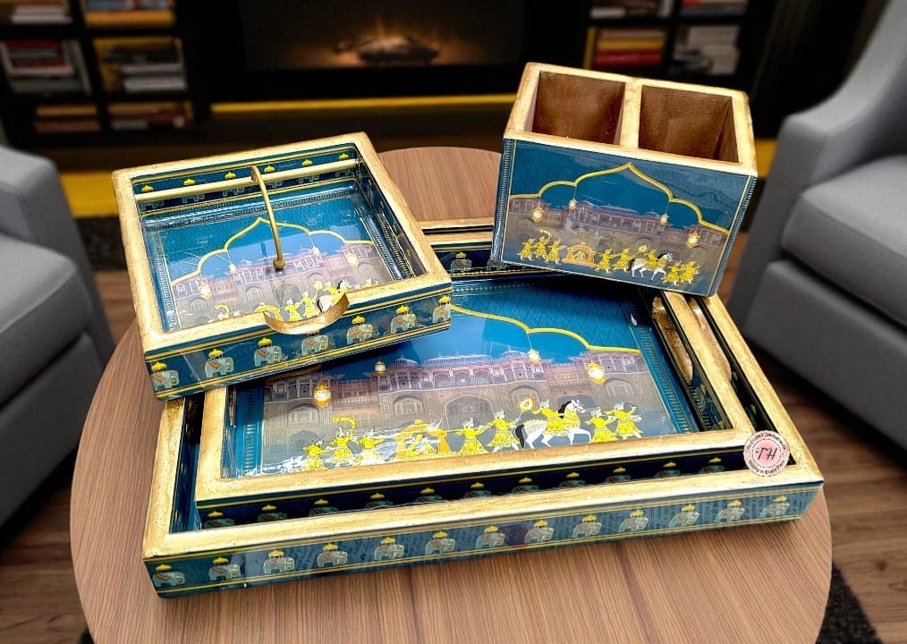 wooden barat Set includes resin finish trays, cutlery holder & tissue holder full combo for home/ office/gift item