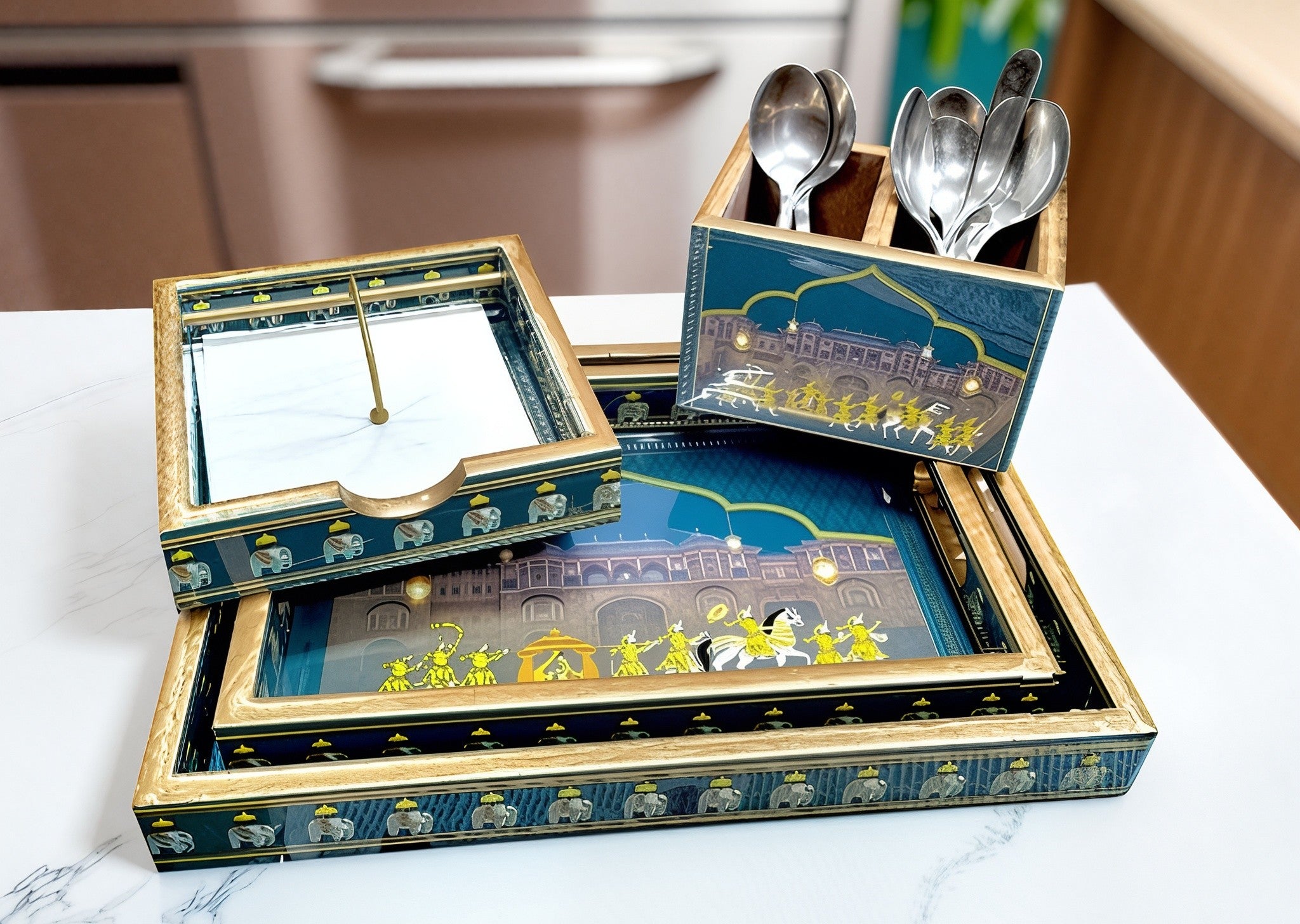 wooden barat Set includes resin finish trays, cutlery holder & tissue holder full combo for home/ office/gift item