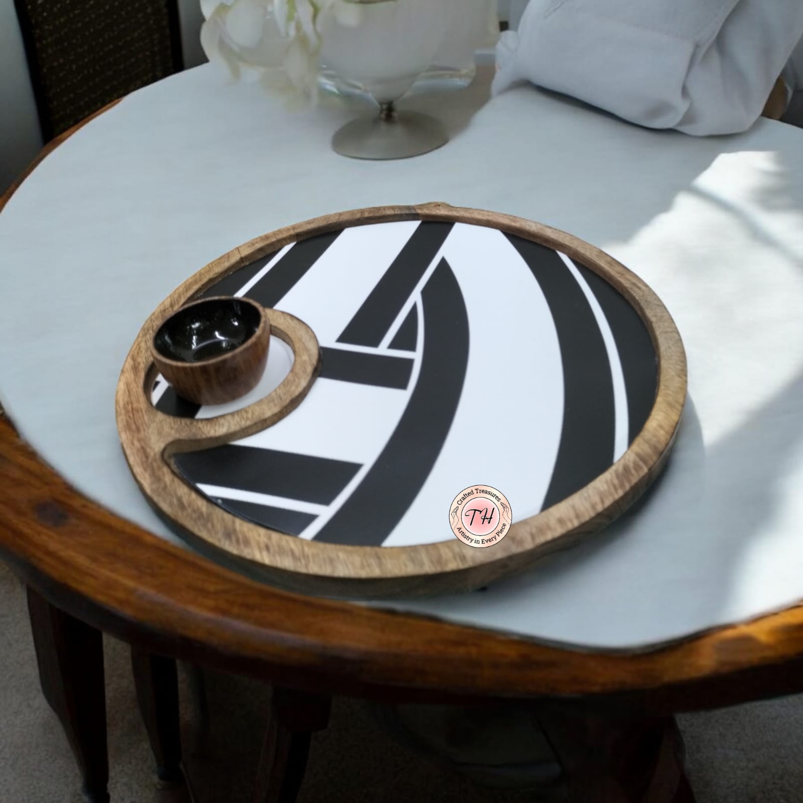 Beautiful Mango wood zebra platter with chutney/ sauce bowl for snacks/ serving/ gift item