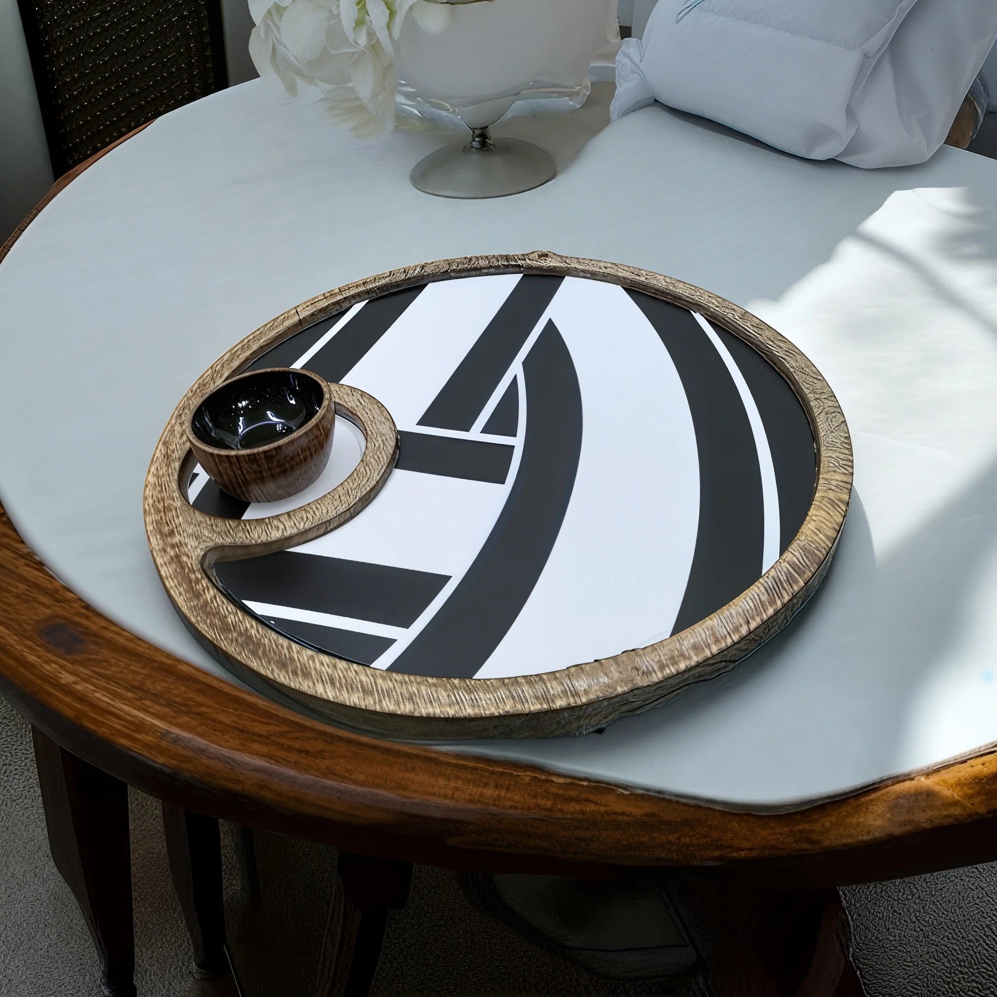 Beautiful Mango wood zebra platter with chutney/ sauce bowl for snacks/ serving/ gift item