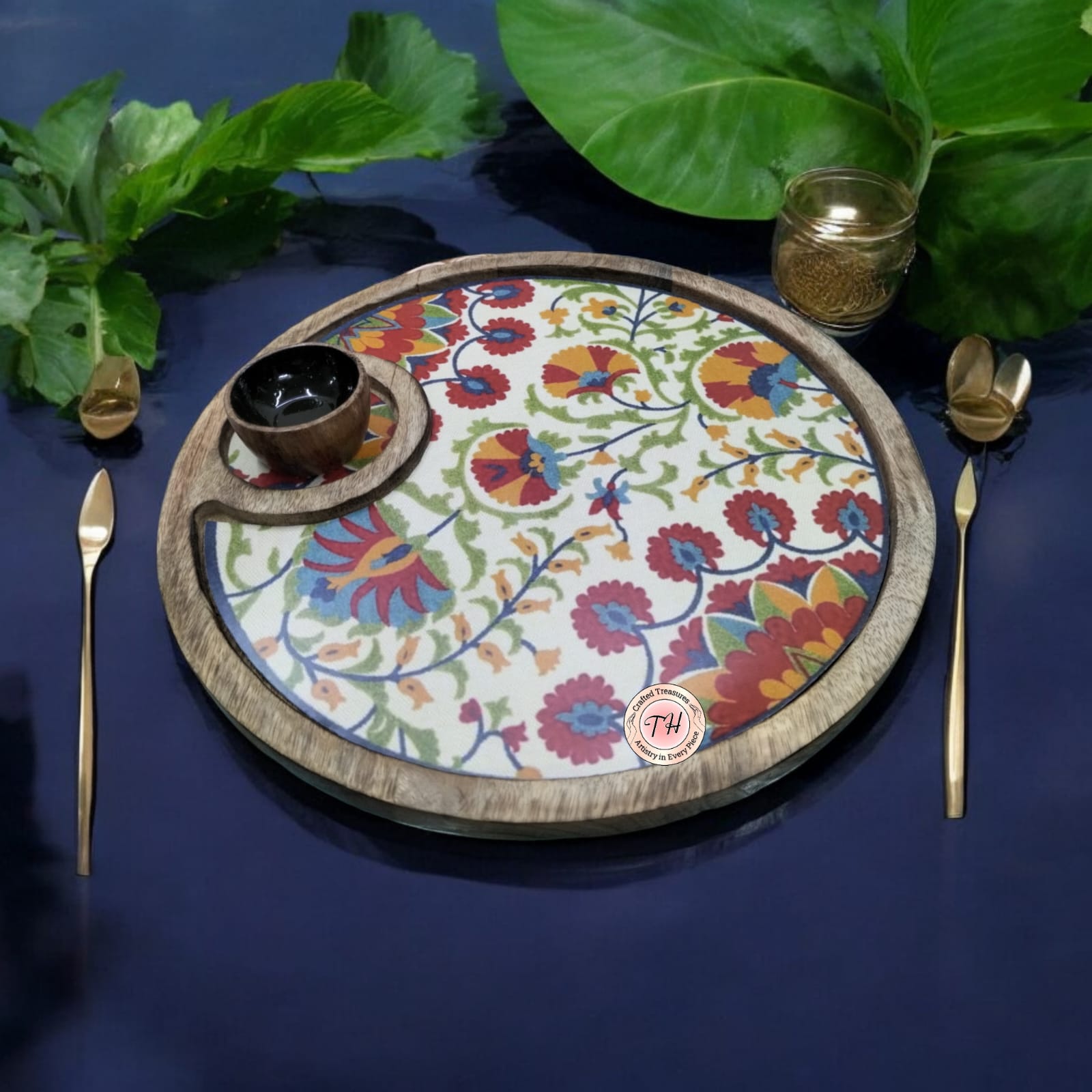 Beautiful Mango colorful mandala wood platter with chutney/ sauce bowl for snacks/ serving/ gift item