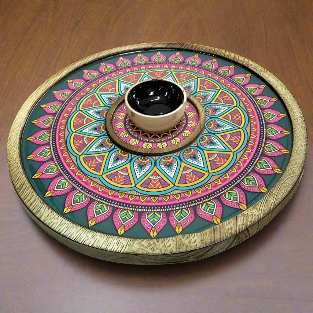 Beautiful Mango mandala wood platter with chutney/ sauce bowl for snacks/ serving/ gift item