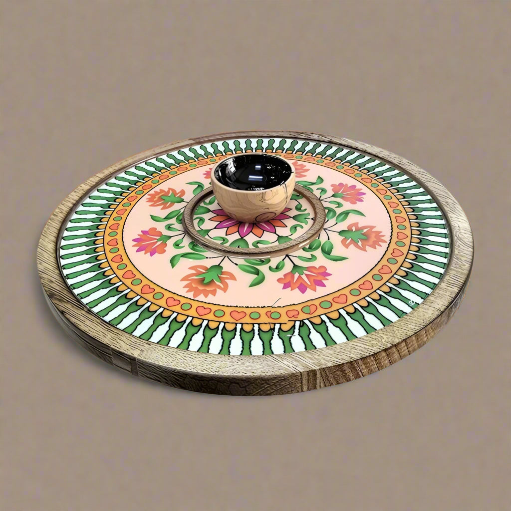 Beautiful Mango flower wood platter with chutney/ sauce bowl for snacks/ serving/ gift item