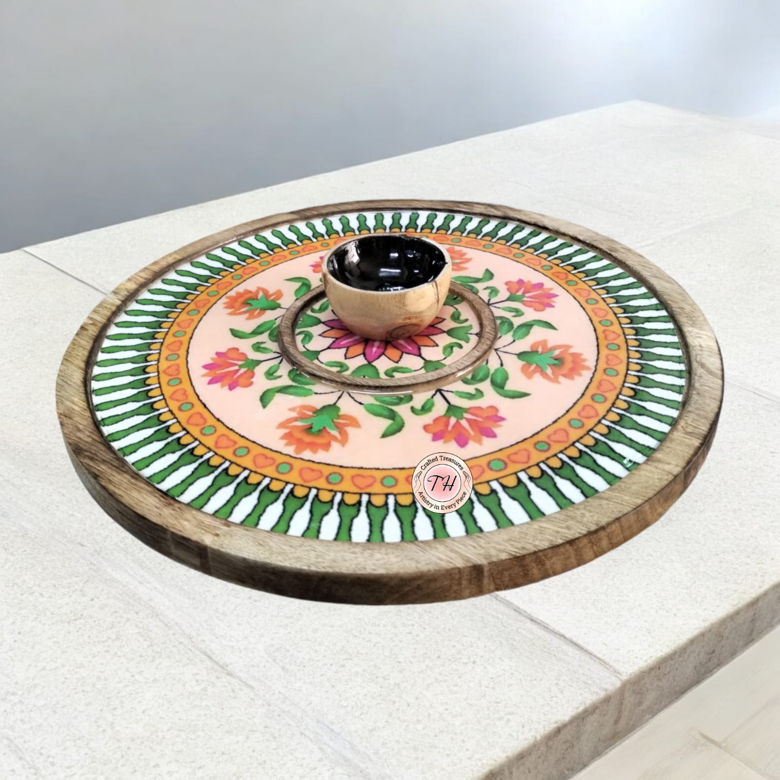 Beautiful Mango flower wood platter with chutney/ sauce bowl for snacks/ serving/ gift item