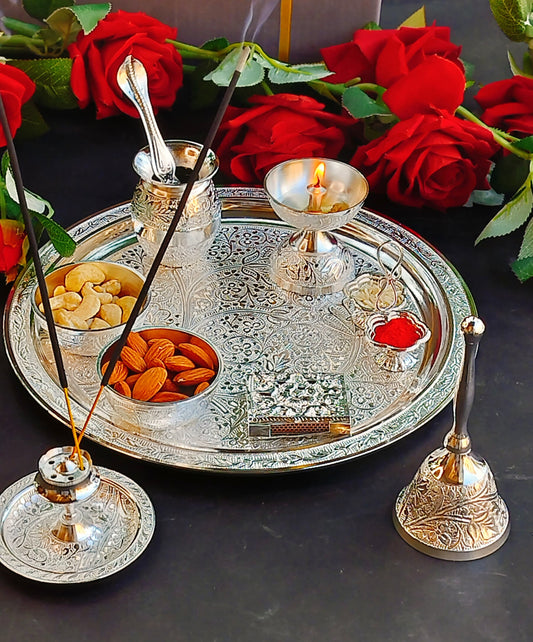 German silver Nakkashi Pooja set for diwali/ gift item/ housewarming party