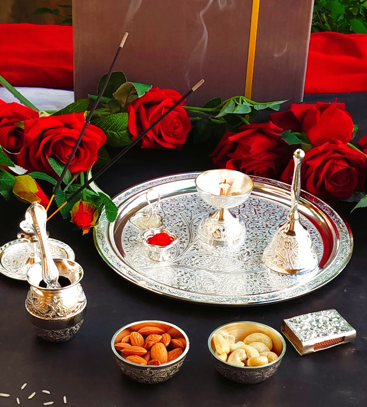 German silver Nakkashi Pooja set for diwali/ gift item/ housewarming party