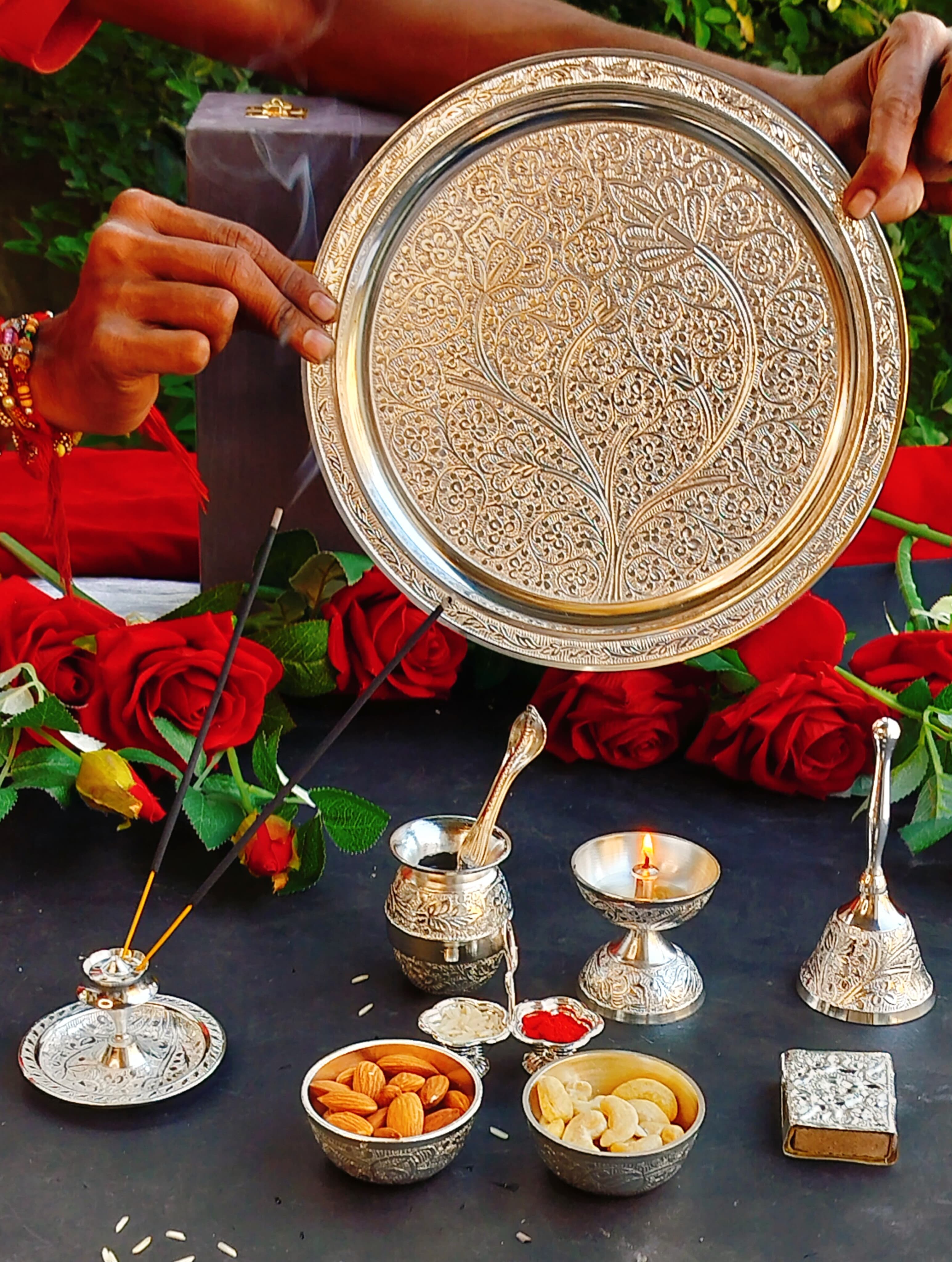 German Silver Nakkashi Pooja Set for Diwali/Gift Item/Housewarming Party