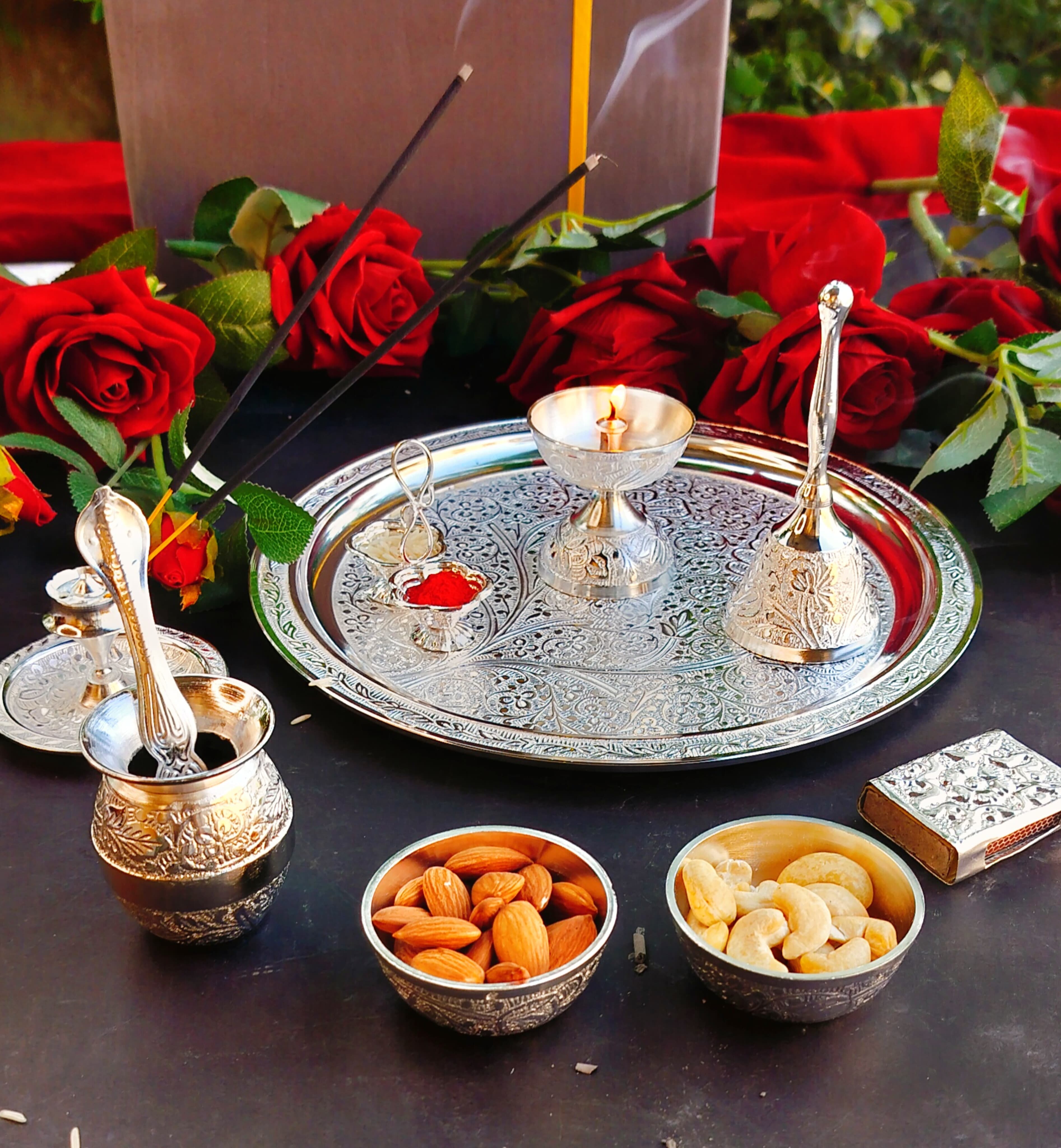 German Silver Nakkashi Pooja Set for Diwali/Gift Item/Housewarming Party