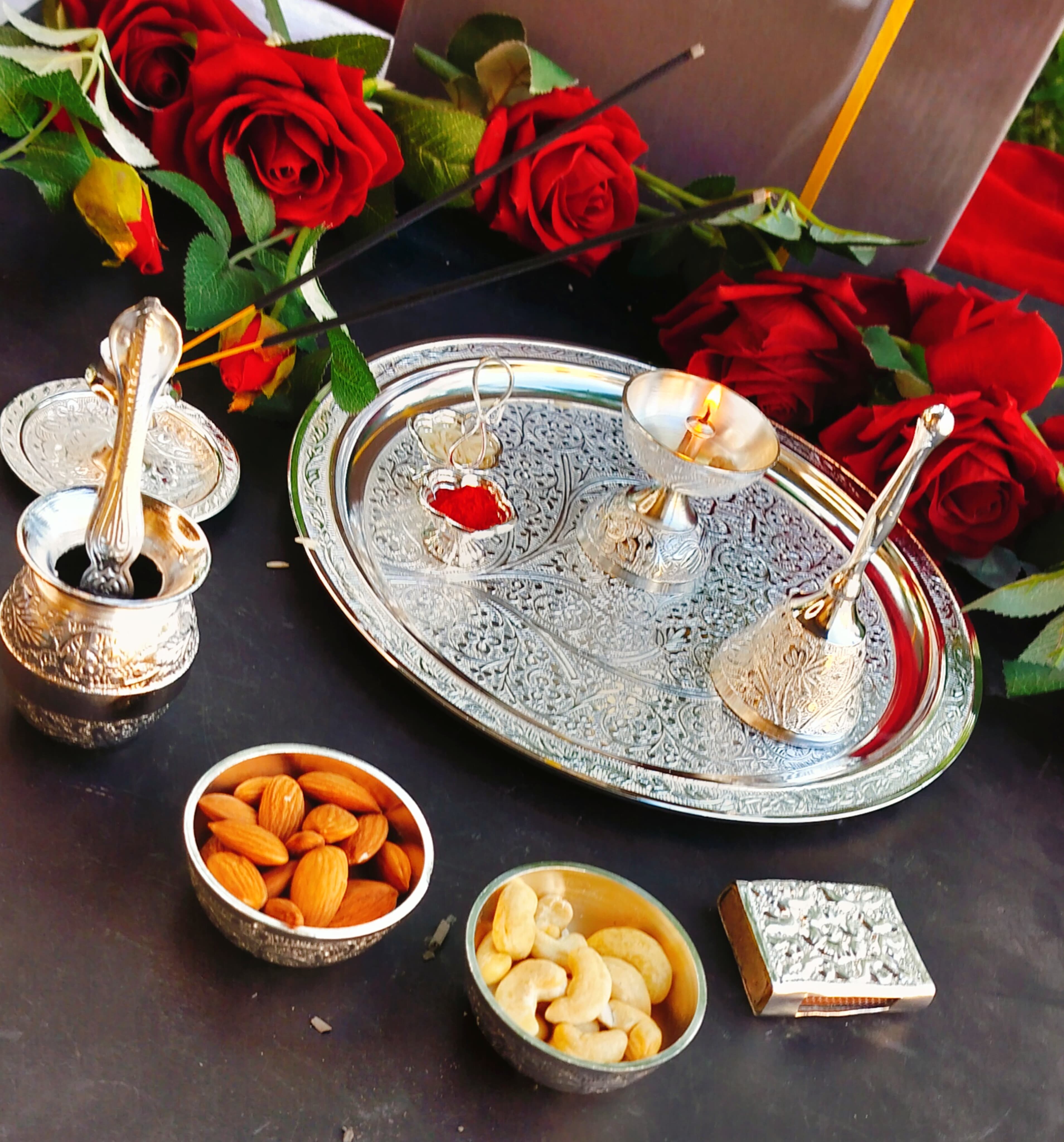 German Silver Nakkashi Pooja Set for Diwali/Gift Item/Housewarming Party