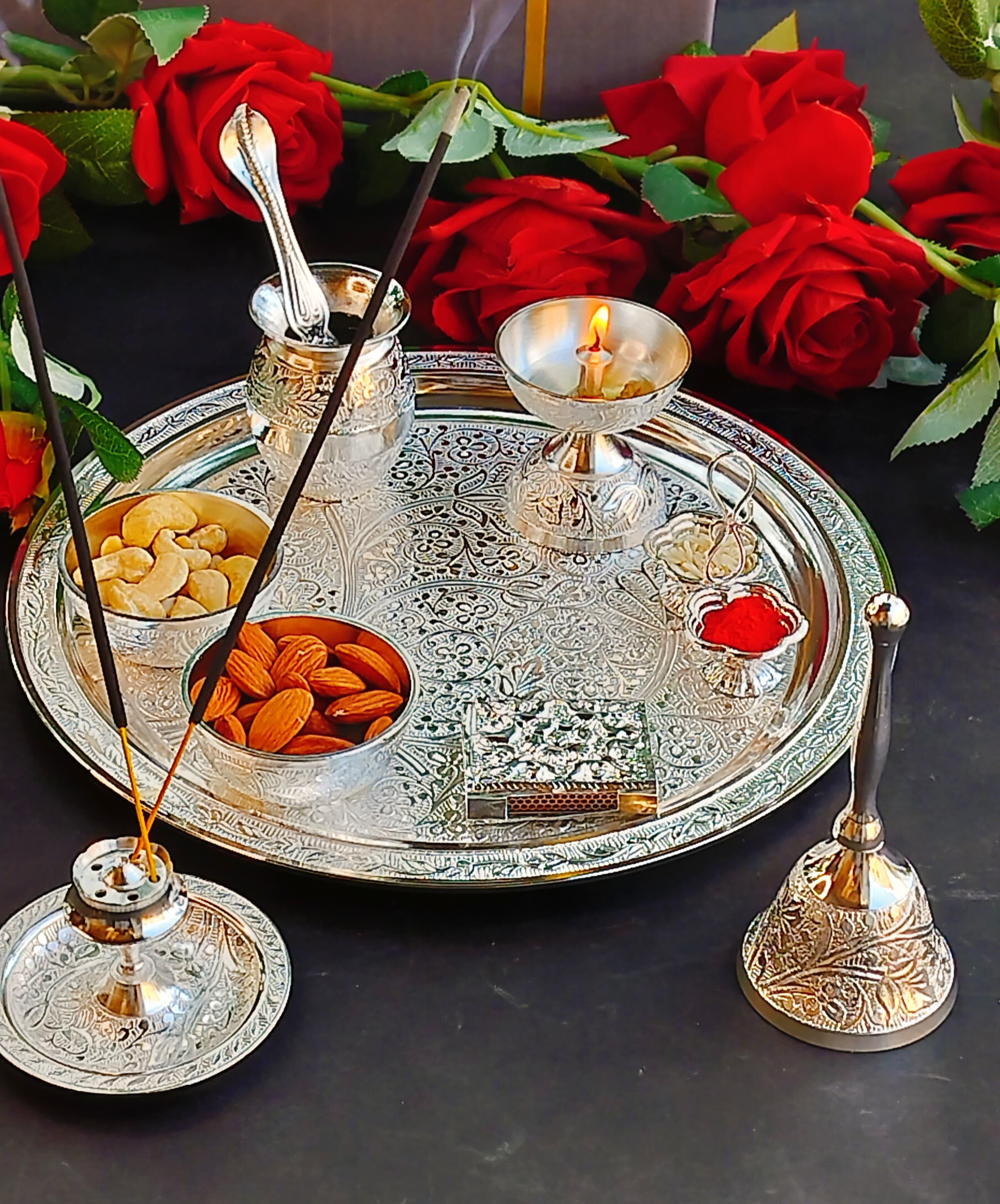 German Silver Nakkashi Pooja Set for Diwali/Gift Item/Housewarming Party