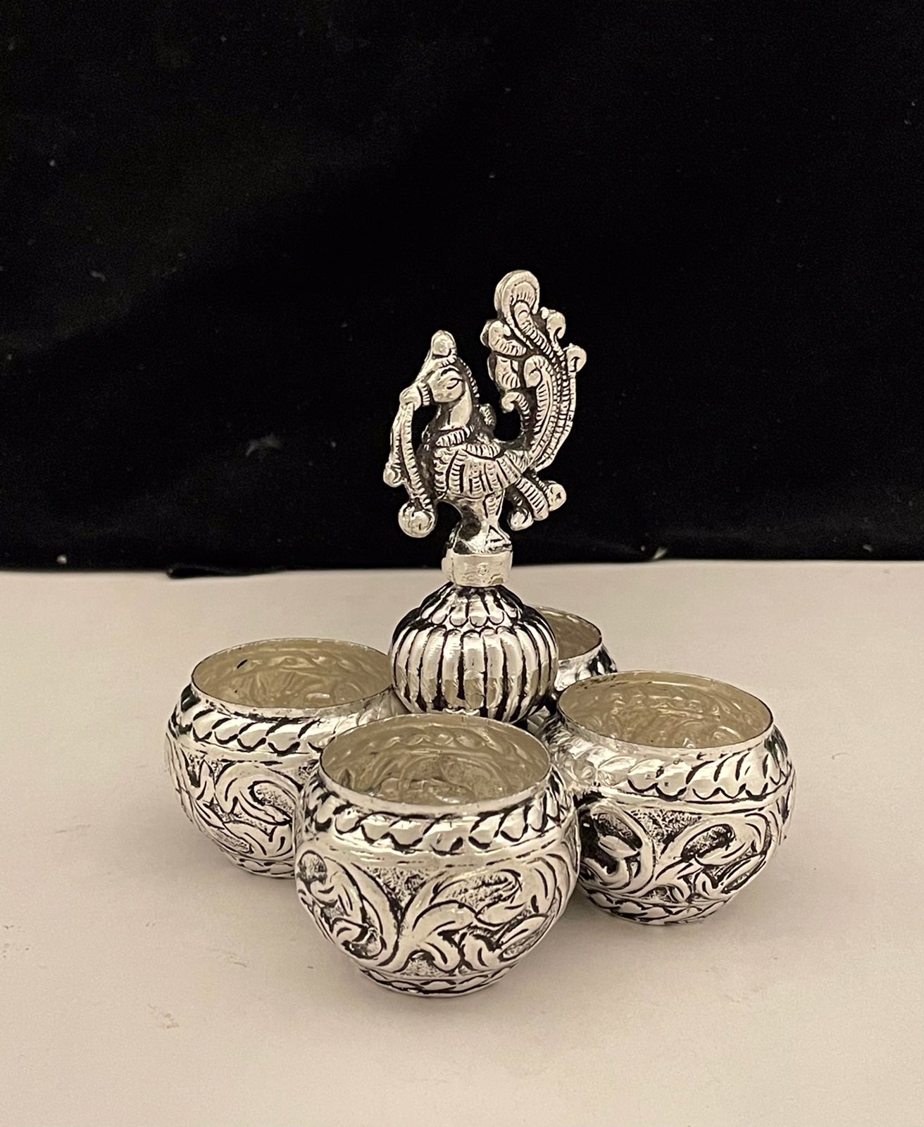 Peacock 4 bowl chopda/snacks holder/sweets holder/kumkum bowl set, Silver