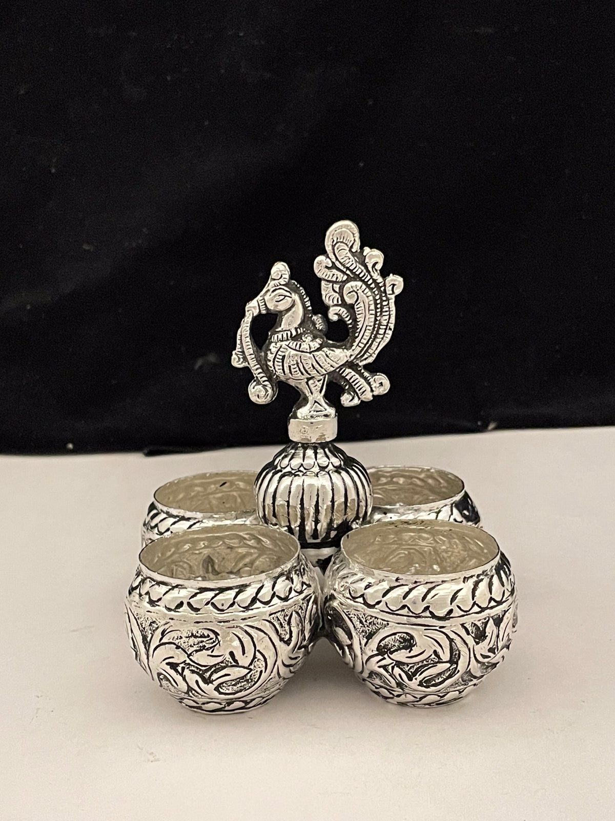 Peacock 4 bowl chopda/snacks holder/sweets holder/kumkum bowl set, Silver