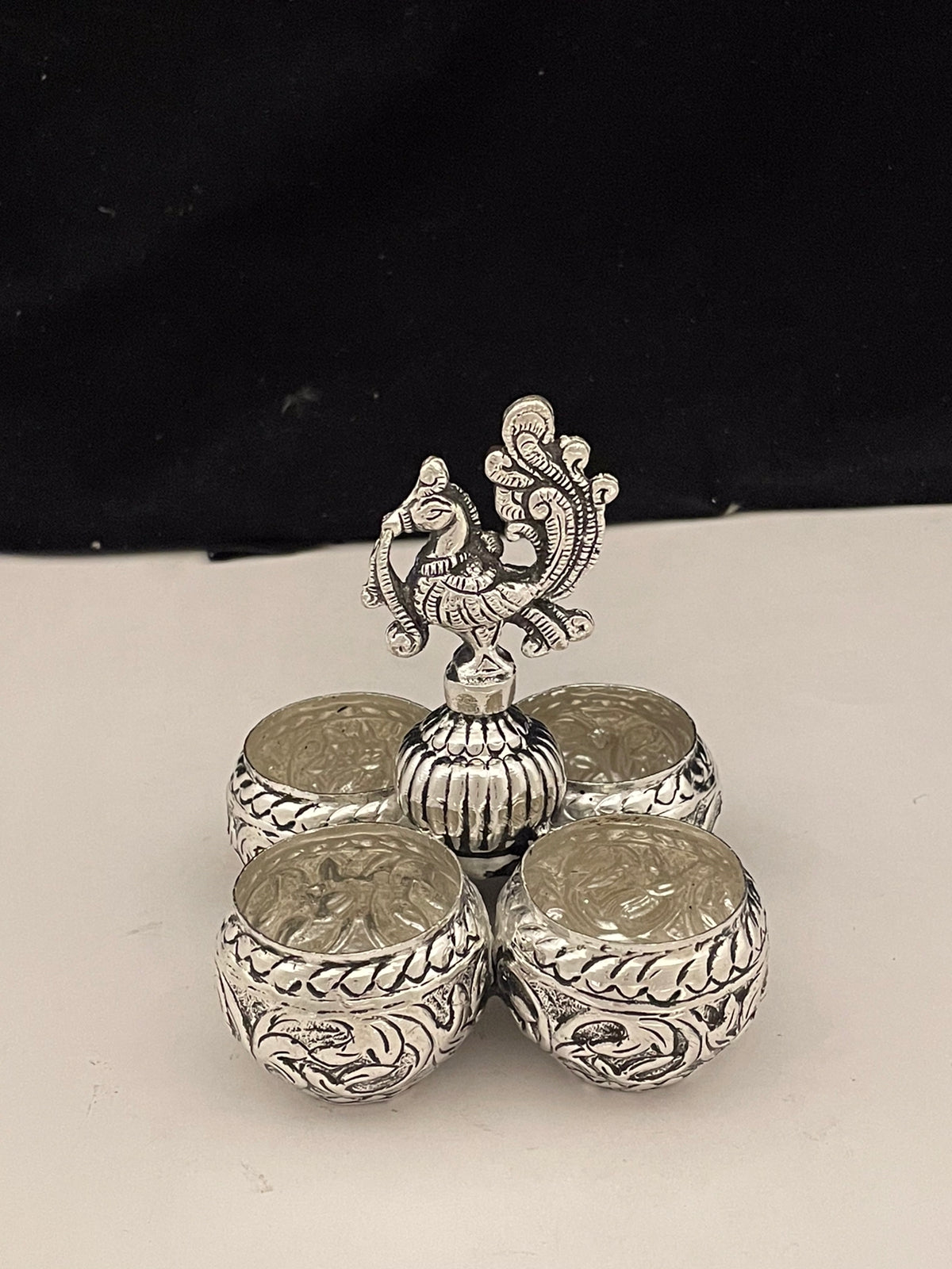 Peacock 4 bowl chopda/snacks holder/sweets holder/kumkum bowl set, Silver