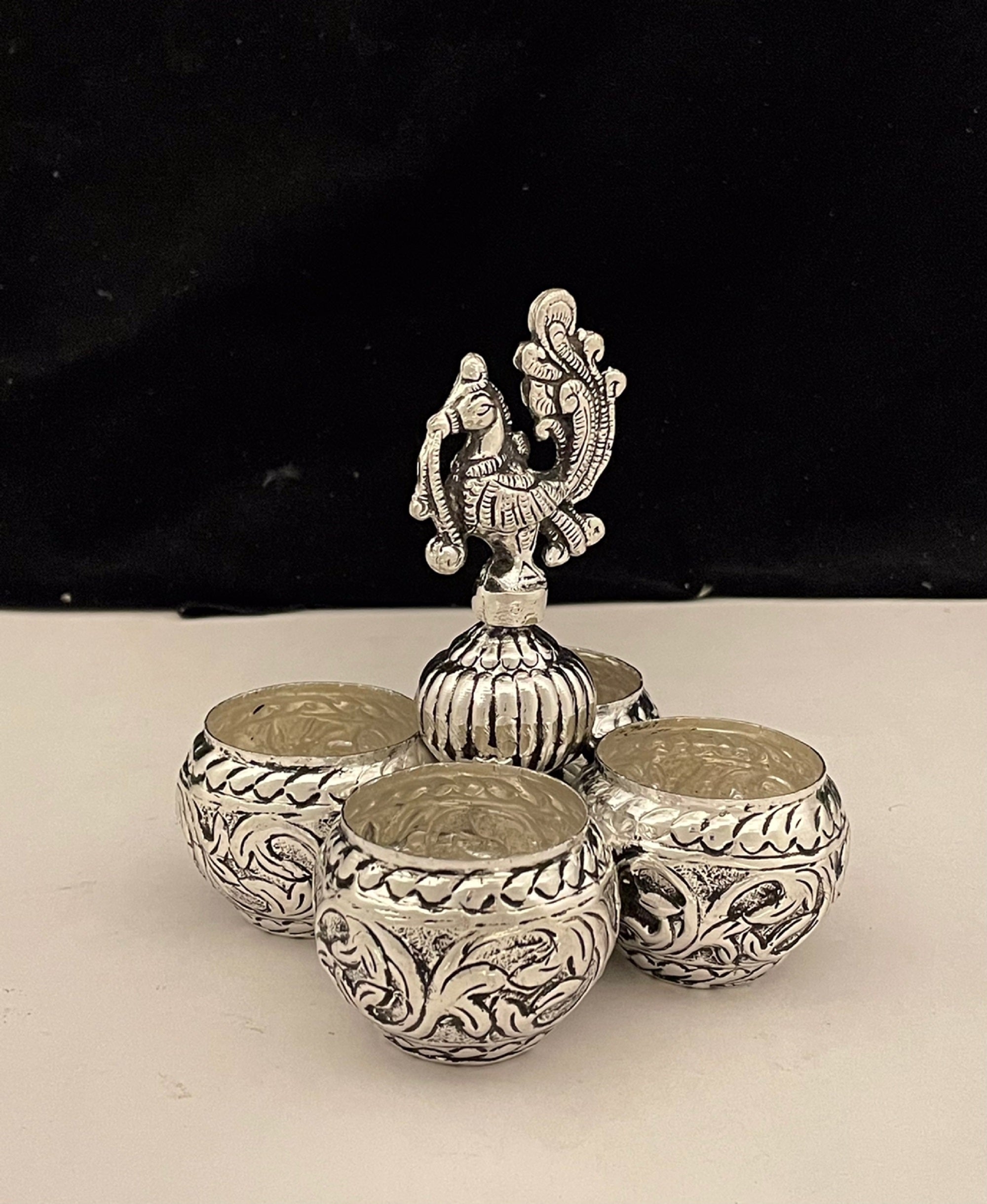 Peacock 4 bowl chopda/snacks holder/sweets holder/kumkum bowl set, Silver