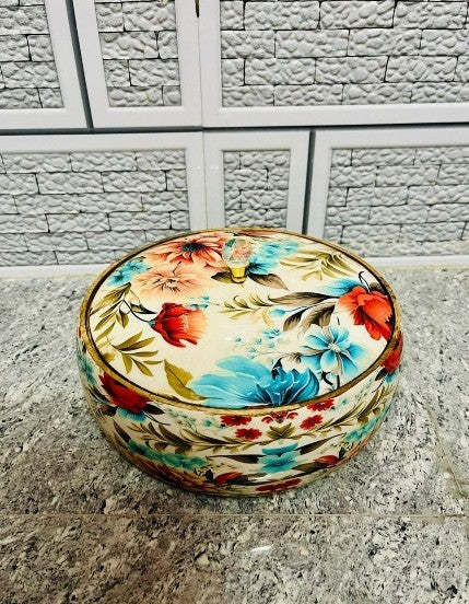 flower printed wooden dry fruit box with 4 partition