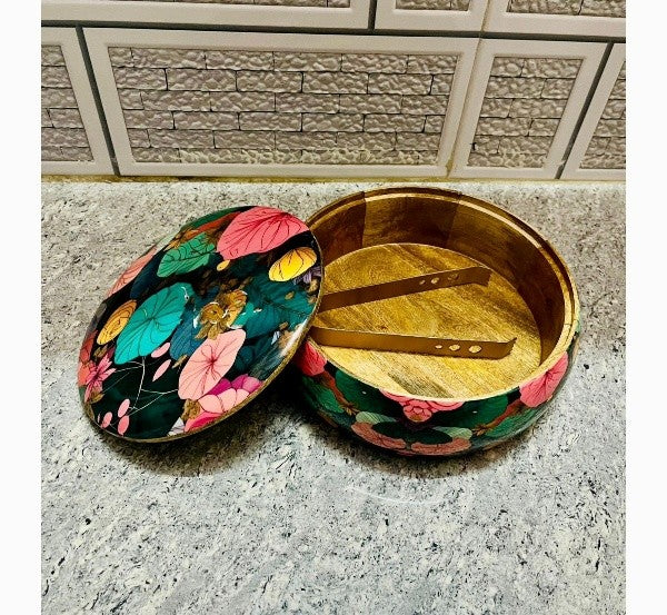 flower printed wooden chapati box/snacks box/sweet box/bread box with tong