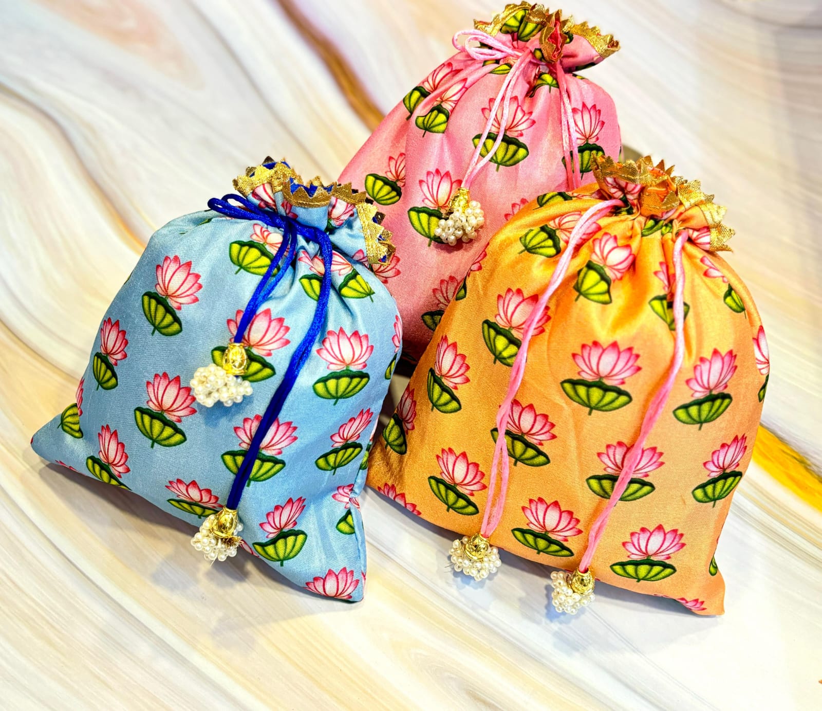 printed set of 20 potlis for give away gift, ideal for keeping jewelry/coinns/sweets/snacks/dry fruits, Inches