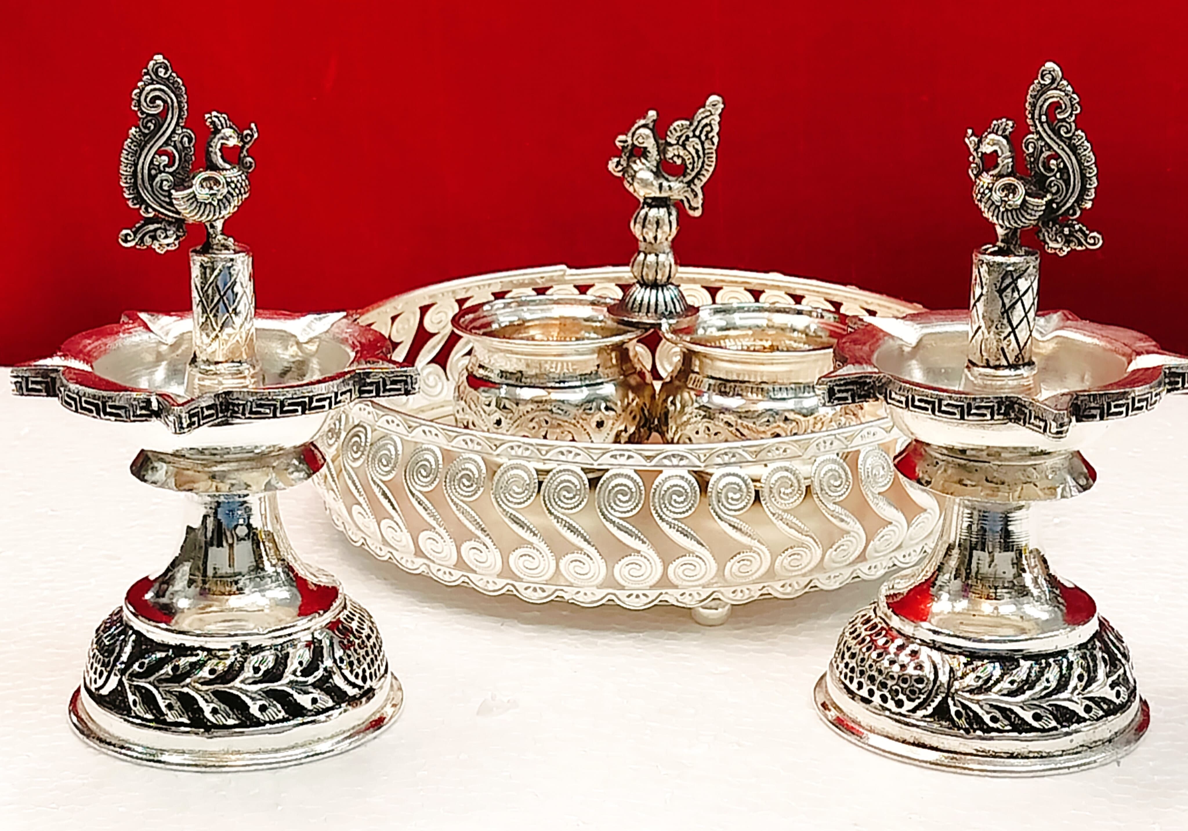 German Silver Tray with Peacock Diya Set and Kumkum Bowl Set