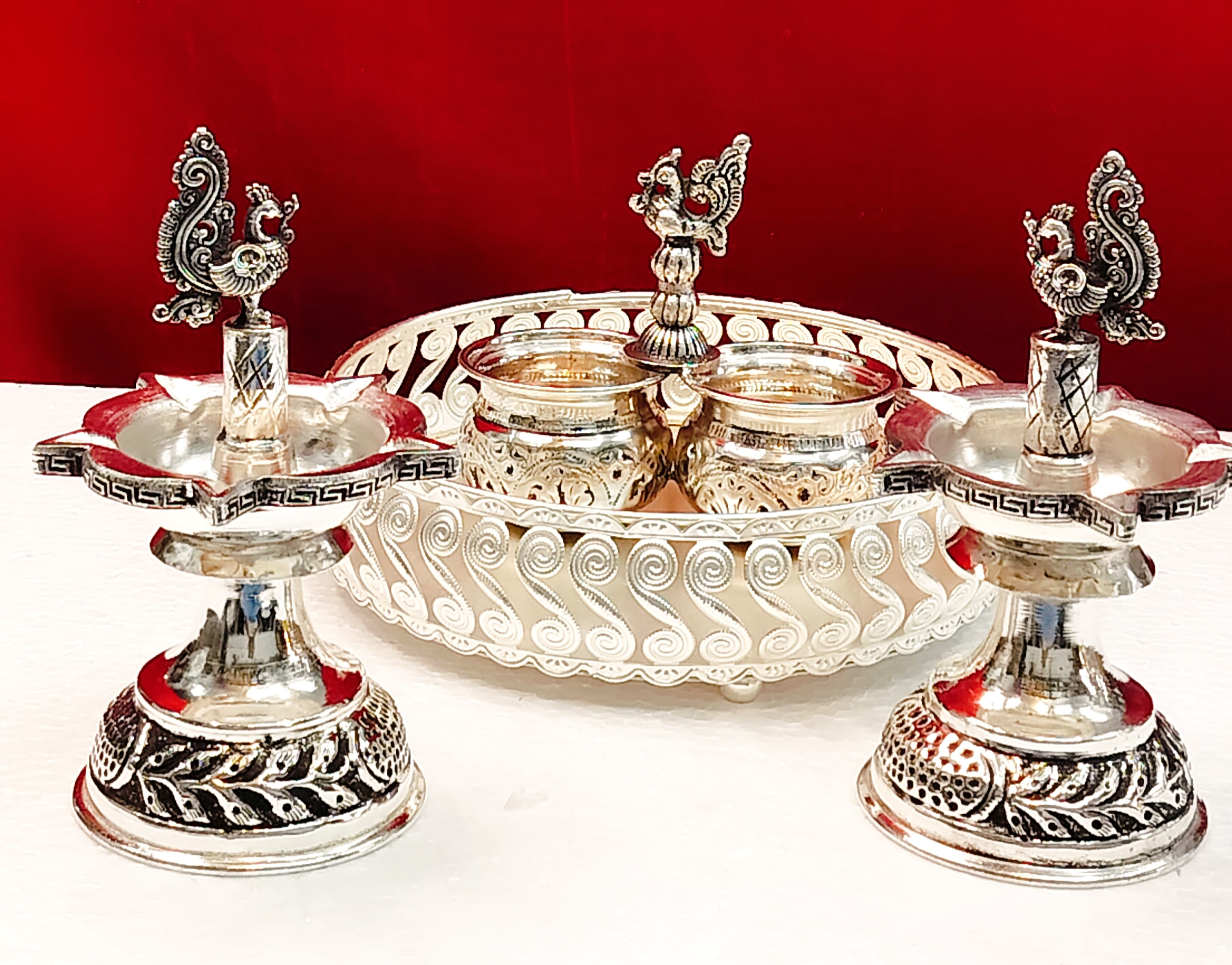German Silver Tray with Peacock Diya Set and Kumkum Bowl Set