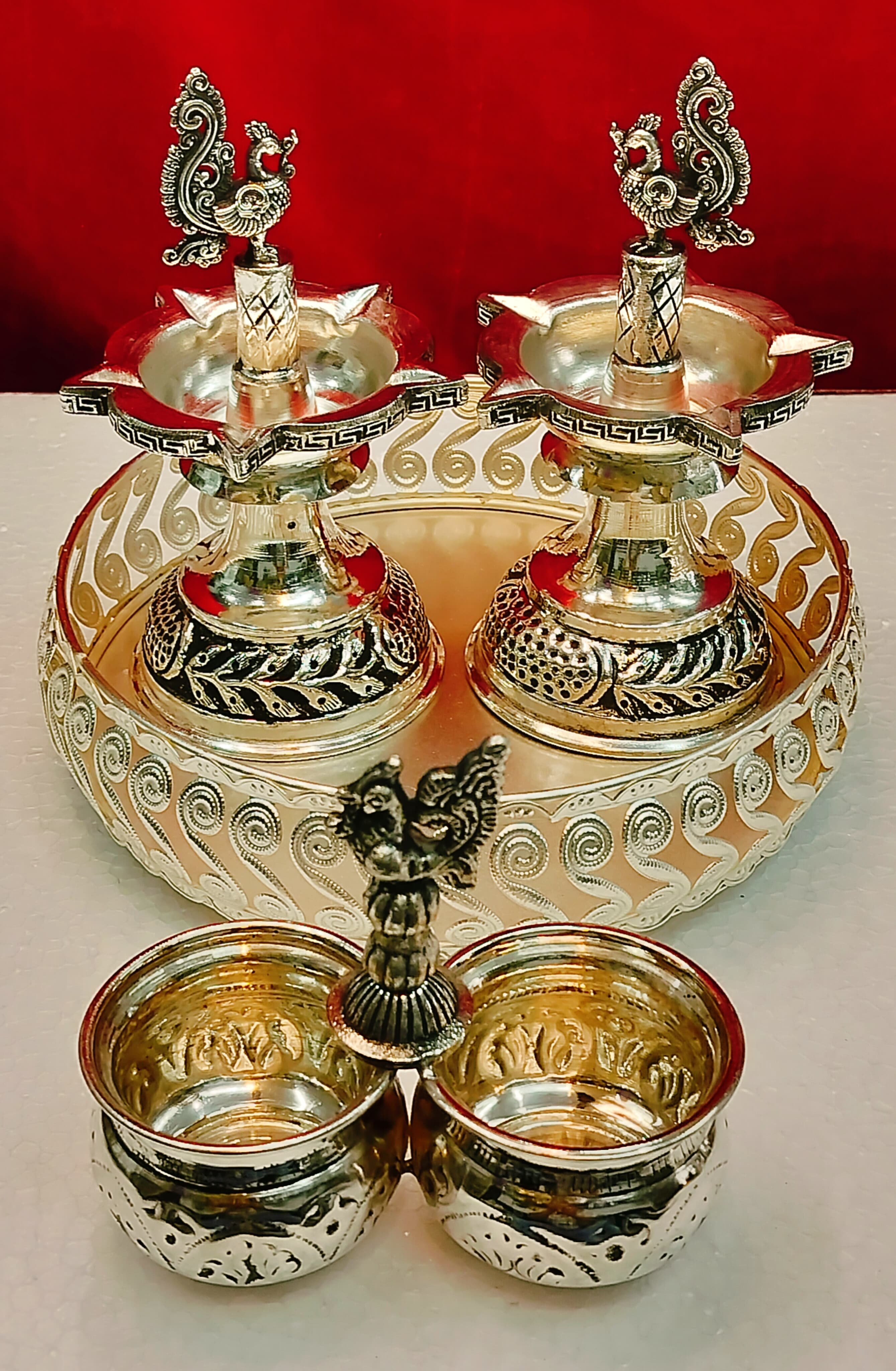 German Silver Tray with Peacock Diya Set and Kumkum Bowl Set
