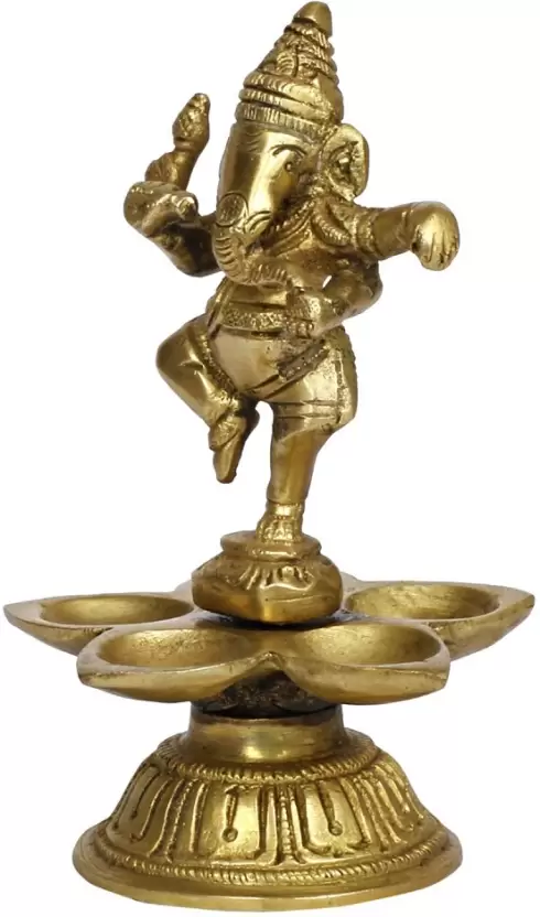Brass Ganesh Diya with 5 Wicks Diya/Brass Dancing Ganesh Five Oil Wick Diya