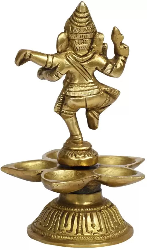 Brass Ganesh Diya with 5 Wicks Diya/Brass Dancing Ganesh Five Oil Wick Diya