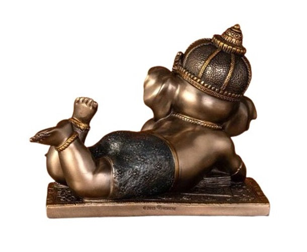 Metallic Fiber/Cold cast Resin Bronze Finish Reading Book Ganesh Statue with Rat