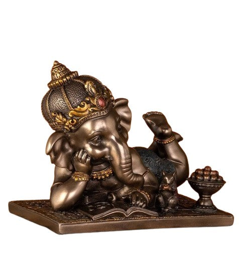 Metallic Fiber/Cold cast Resin Bronze Finish Reading Book Ganesh Statue with Rat
