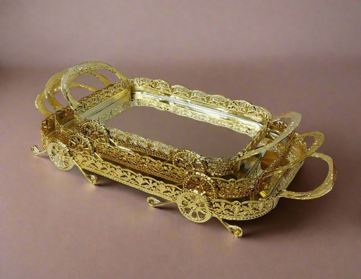 German silver golden silver fancy tray set of 3 with handle