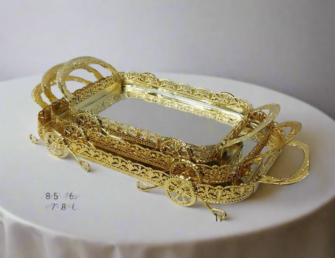 German silver golden silver fancy tray set of 3 with handle