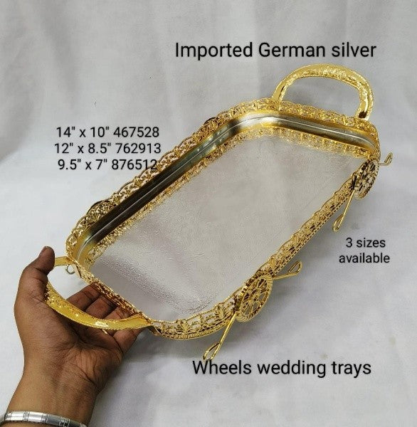 German silver golden silver fancy tray set of 3 with handle