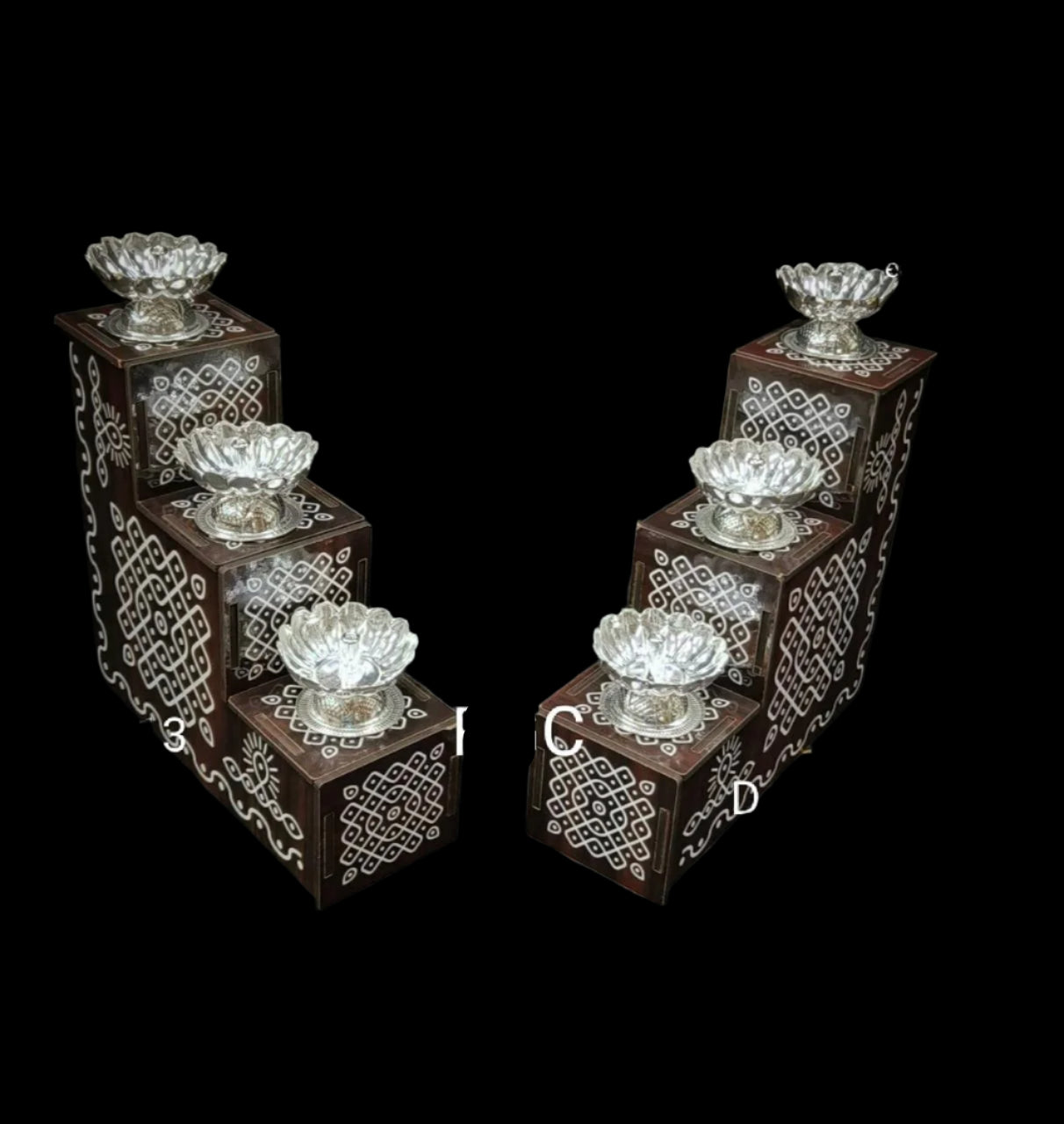 German silver set of 6 Diya with hand painted mdf detachable steps