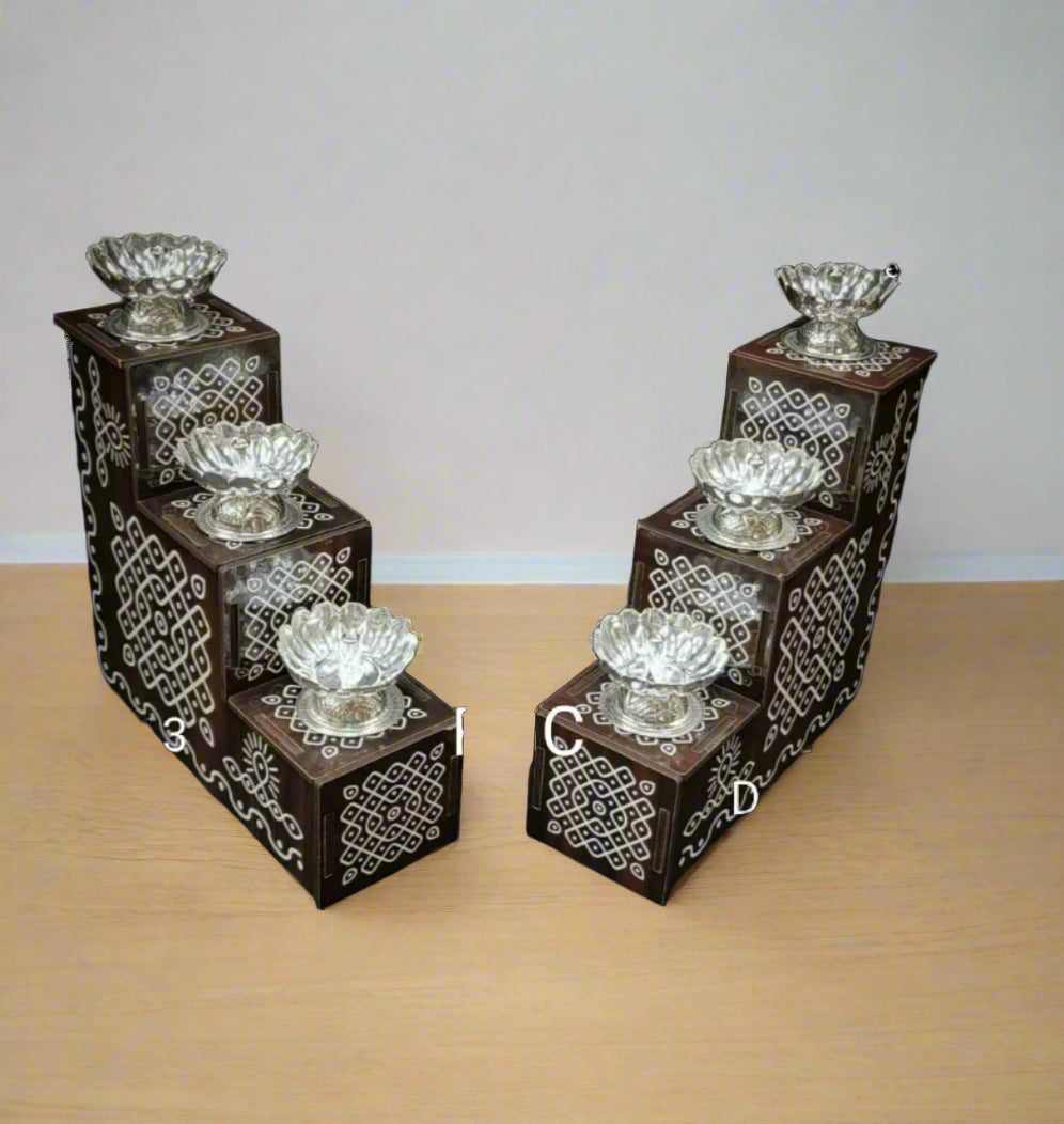 German silver set of 6 Diya with hand painted mdf detachable steps